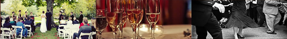 A horizontal collage of 3 photos: 1) A couple in the midst of their wedding ceremony, backs to the camera; 2) a few glasses of white wine on a white-covered table, some low candles flickering in the background; and 3) a photo of the lower half of a few men and women dancing.